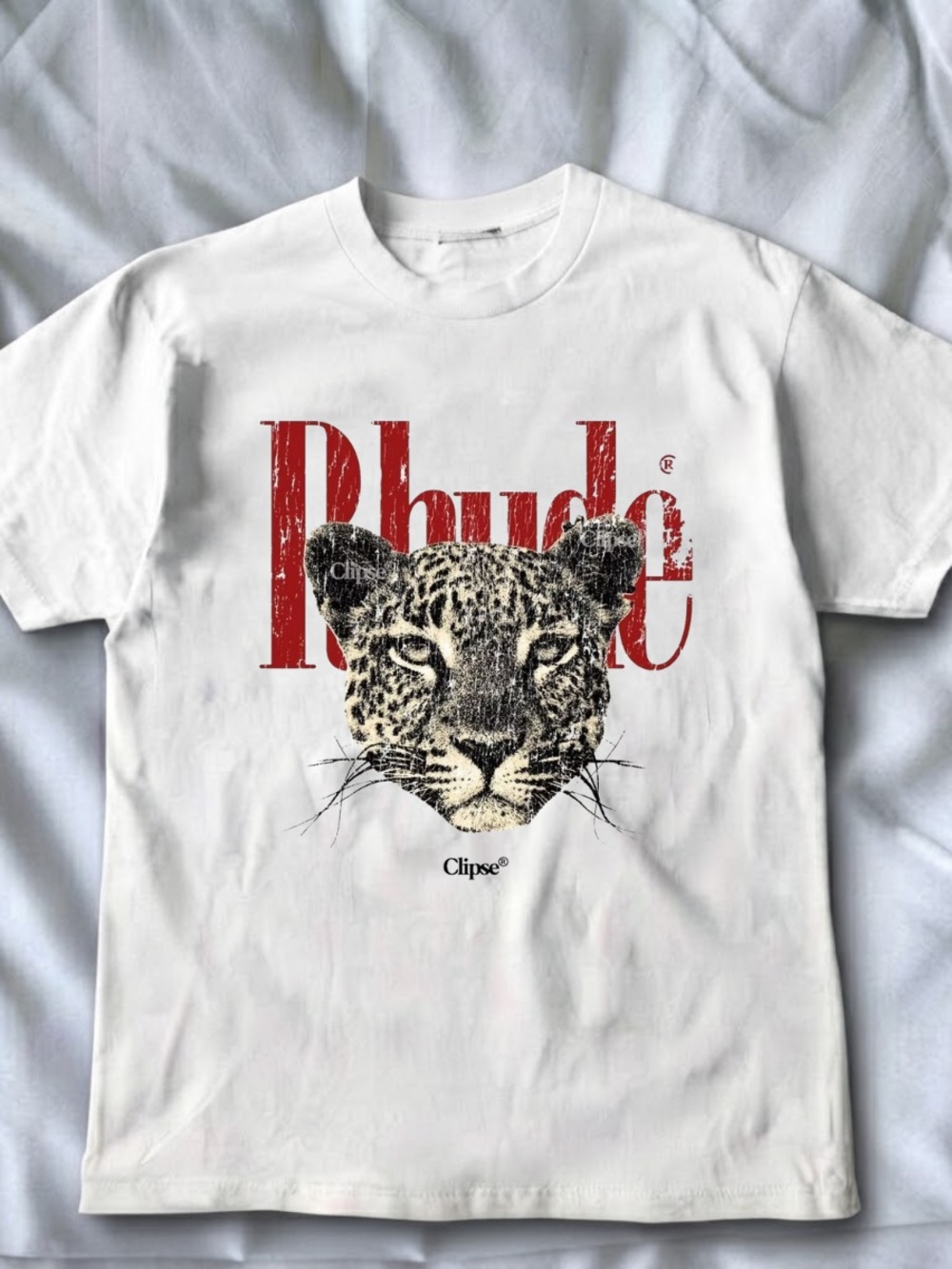 Rhude White Tee with Red Logo and Leopard Graphic